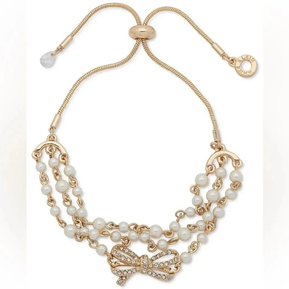 Anna Klein Gold-Tone Pavé Bow&Imitation Pearl Beaded Triple-Row Slider Bracelet - Picture 1 of 1